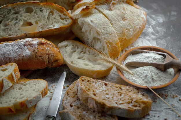 Bread with kitchen accessories on the table