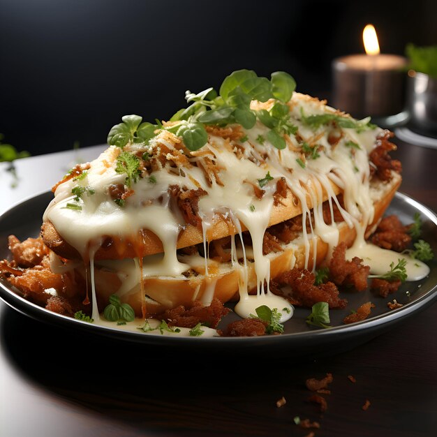 Photo bread with melted cheese and herbs on black plate closeup