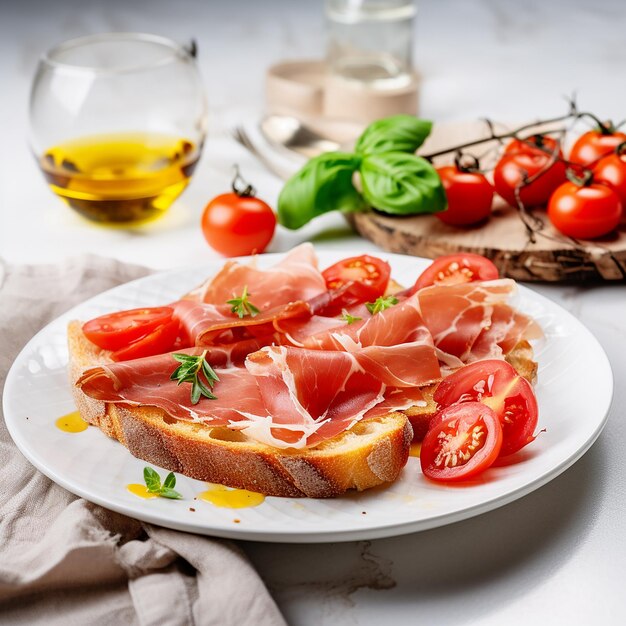 Bread with parma ham and tomatoes on a white table