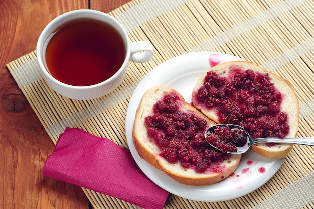 皿にラズベリージャムとお茶のカップとパン