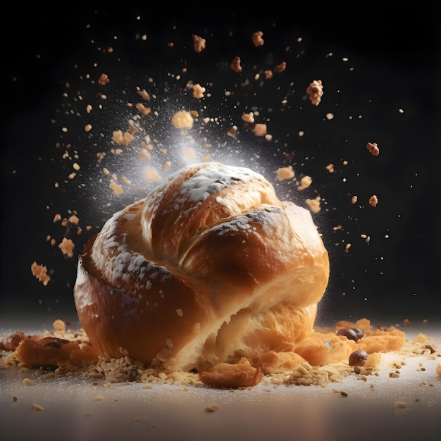 Bread with splashes and drops of milk on a black background