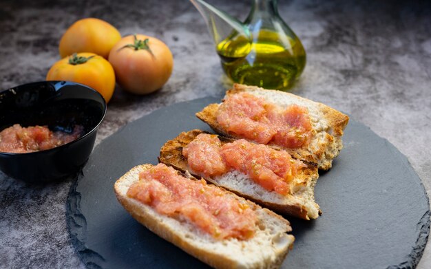 Bread with tomato and olive oil, Mediterranean breakfast