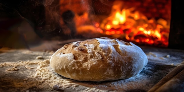 Bread on a wood burning stove with a fire in the background