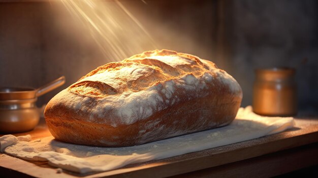 bread on a wooden board with the light shining on it