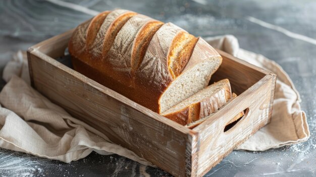 Bread in a wooden crate on a table