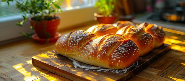 Bread on a wooden cutting board with plants