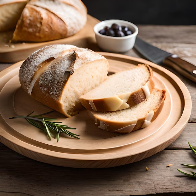 Bread on a wooden plate with a sprig of black olives on it.