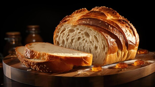 Photo bread on wooden table with black and blur background