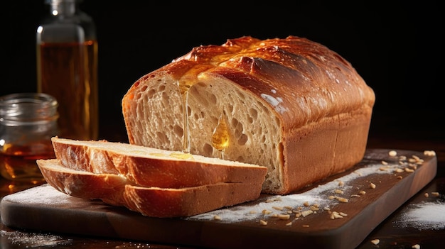 bread on wooden table with black and blur background