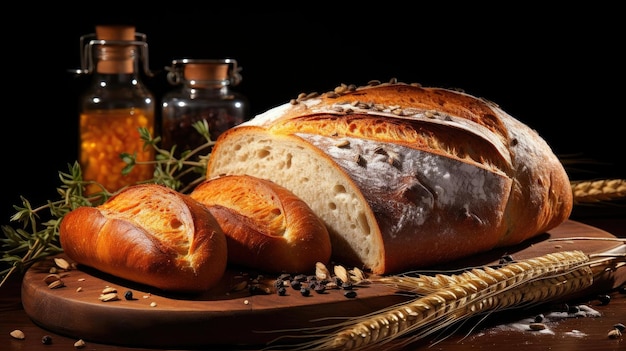 bread on wooden table with black and blur background