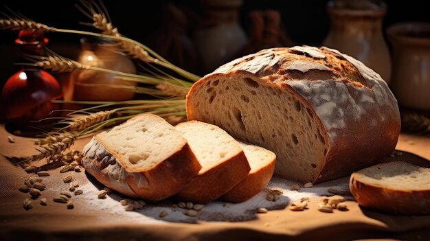 Bread on wooden table with black and blur background