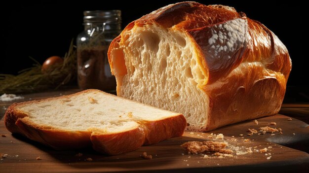 Bread on wooden table with black and blur background