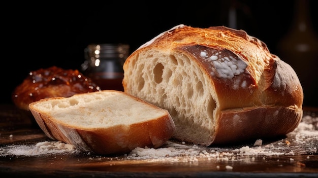 bread on wooden table with black and blur background