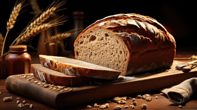 bread on wooden table with black and blur background