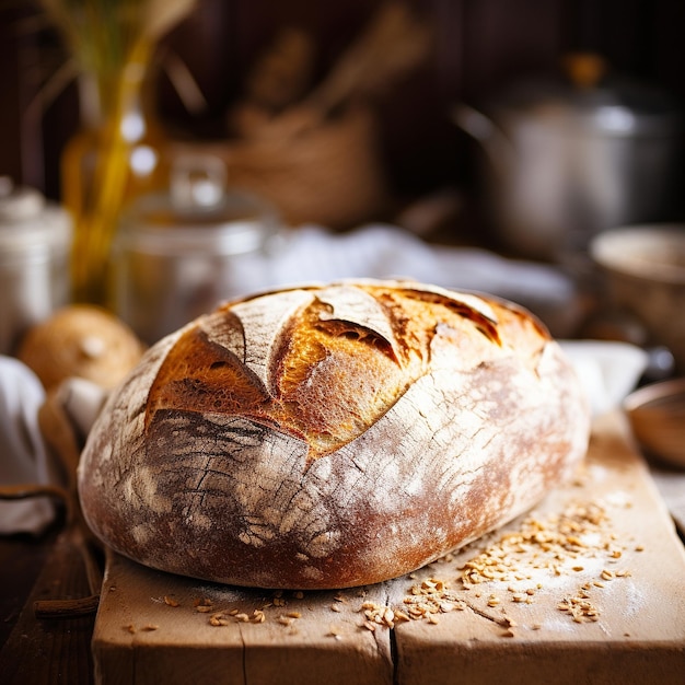 A bread on a wooden table