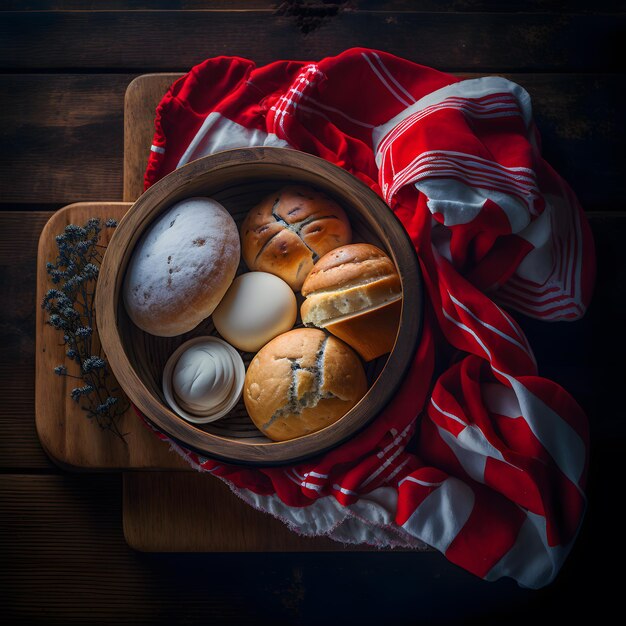 赤と白の布の上の木製トレイのパン 食べ物の写真