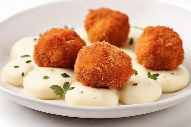 Breaded chicken meat balls with oozing stretchy mozzarella cheese isolated on a white background