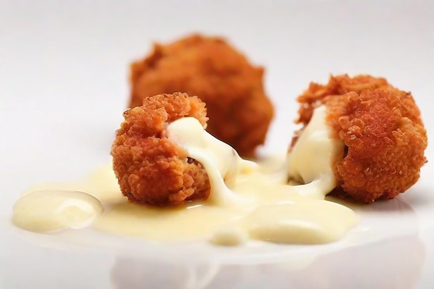 Breaded chicken meat balls with oozing stretchy mozzarella cheese isolated on a white background