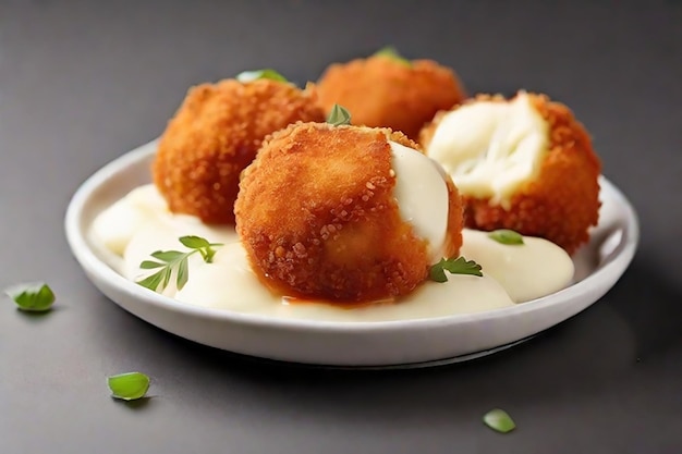 Breaded chicken meat balls with oozing stretchy mozzarella cheese isolated on a white background