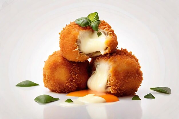 Breaded chicken meat balls with oozing stretchy mozzarella cheese isolated on a white background