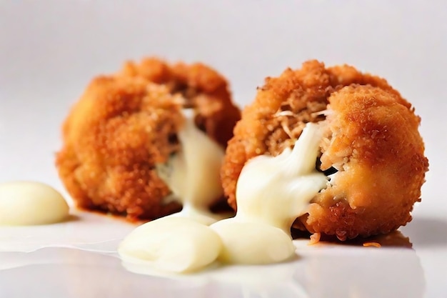 Breaded chicken meat balls with oozing stretchy mozzarella cheese isolated on a white background