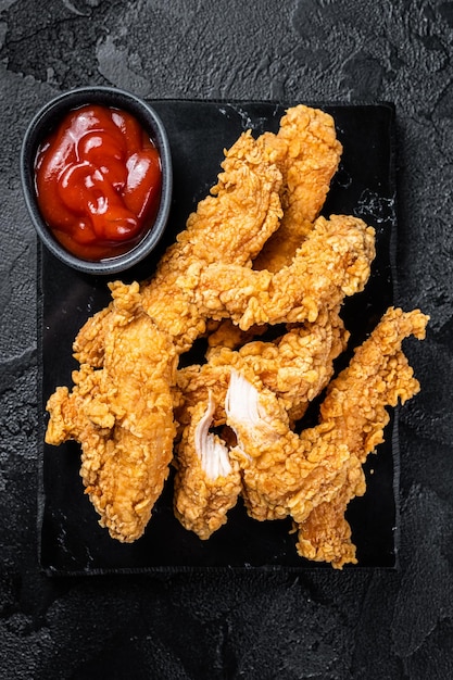 Breaded chicken strips fingers with ketchup black background\
top view
