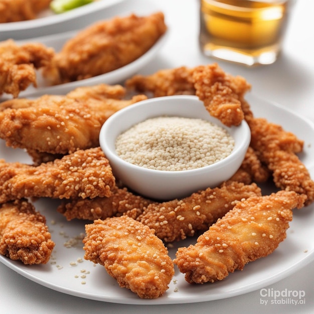 Breaded chicken strips with two kinds of sauces fried potatoes and beer on a wooden Board