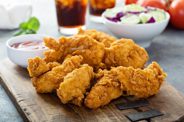 Breaded chicken tenders with ketchup