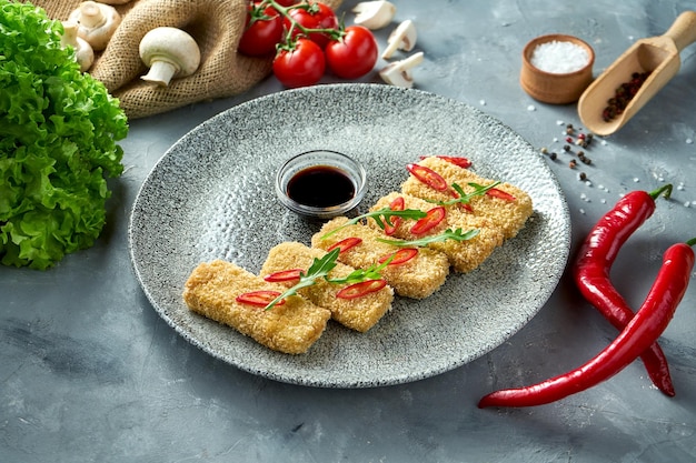 Breaded fried tofu with soy sauce and chili pepper in a plate Gray background