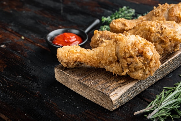 Breaded kentucky chicken drumctick parts on dark wooden table.