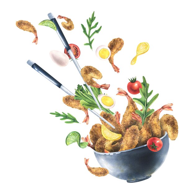 Breaded shrimp tempura in a ceramic bowl with arugula cherry tomatoes quail eggs lime and lemon Watercolor illustration Levitation composition from the collection of SHRIMP For menus