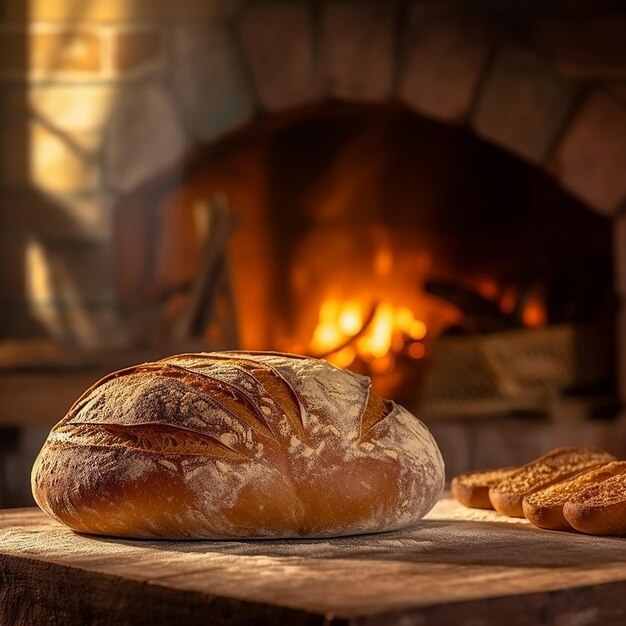 breads are on a table in front of a fireplace.