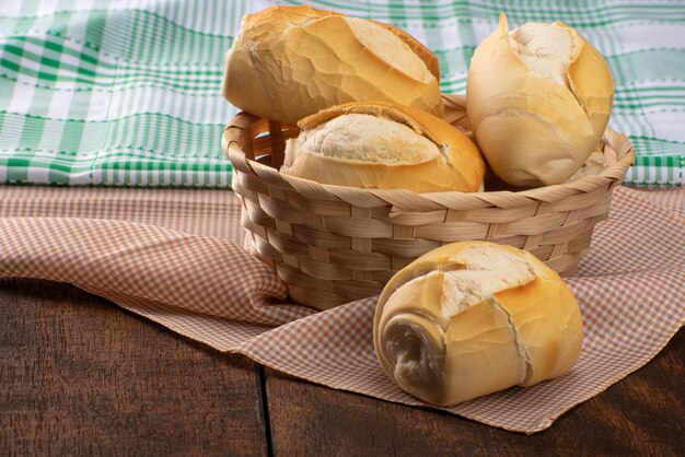 Pane in un cestino sulla tovaglia a scacchi su legno rustico