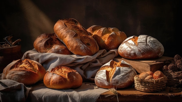 Breads on a table with a basket of bread