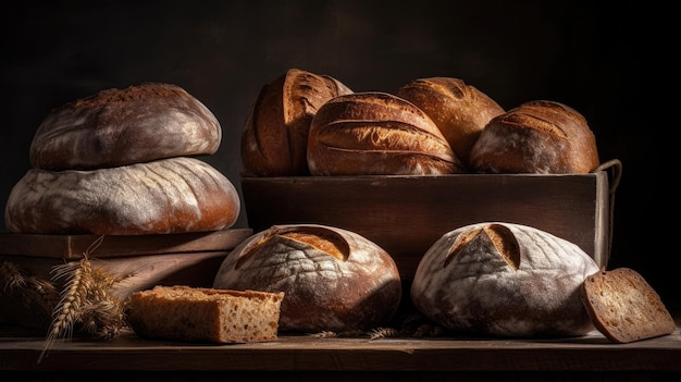 Breads on a table with a basket of bread