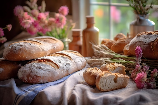 Breads on a table with flowers in the background