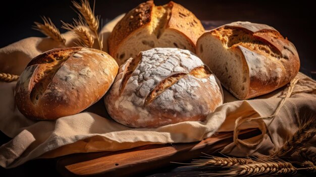 Breads and wheat on a wooden tray