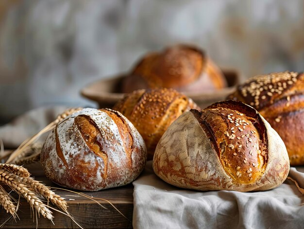 Breads on a wooden table with wheat