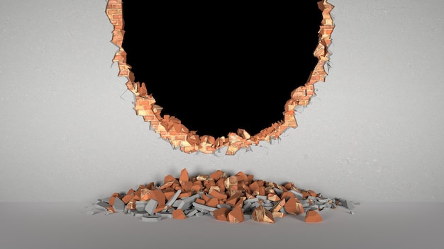 Разрыв кирпичной стены, покрытой штукатуркой в виде полукруга, 3d иллюстрация