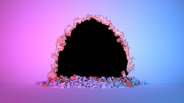 Break in a brick wall covered with plaster in the shape of a semicircle in neon lighting, 3d illustration