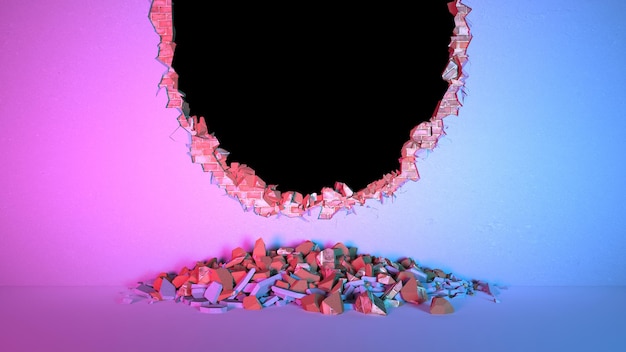 Разрыв кирпичной стены, покрытой штукатуркой в форме полукруга при неоновом освещении, 3d иллюстрация