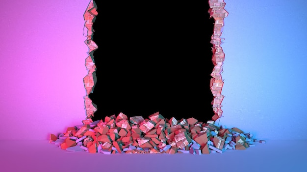 Разрушение кирпичной стены, покрытой штукатуркой вертикально при неоновом освещении, 3d иллюстрация