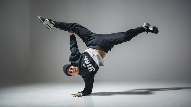 Break dancer doing one handed handstand against a white background