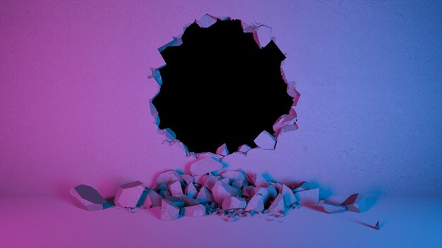 break in the wall in the form of a circle in neon lighting, 3d illustration