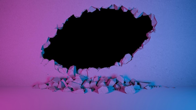 break in the wall in the form of an oval in neon lighting, 3d illustration