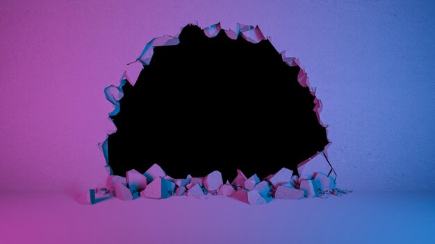 break in the wall in the form of a semicircle in neon lighting, 3d illustration