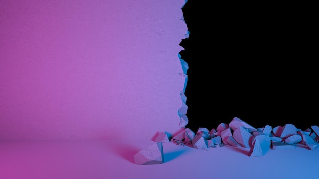 break in the wall vertically in neon lighting, 3d illustration