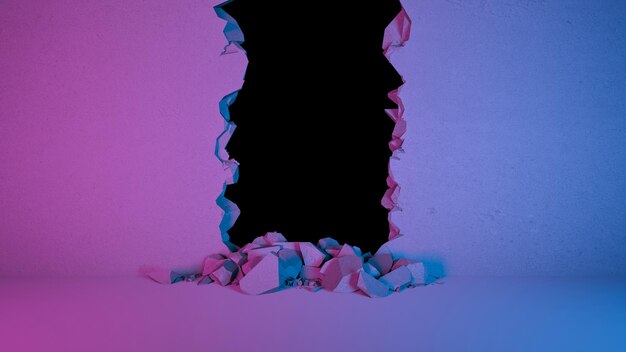 네온 조명, 3d 그림에서 수직으로 벽을 부수다