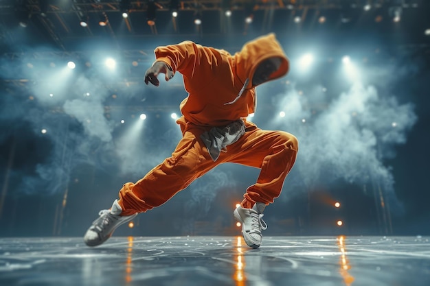 Брейкдансер в оранжевом капюшоне и спортивных брюках делает хип-хоп на сцене с дымом и прожекторами на заднем плане