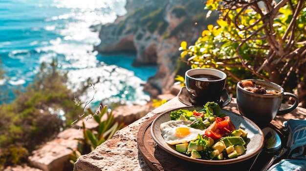 Foto colazione uova di avocado e caffè al mare focus selettivo